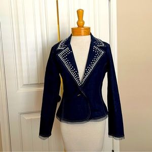 Denim blazer with rhinestones on the lapel and collar. Made by Bernardo